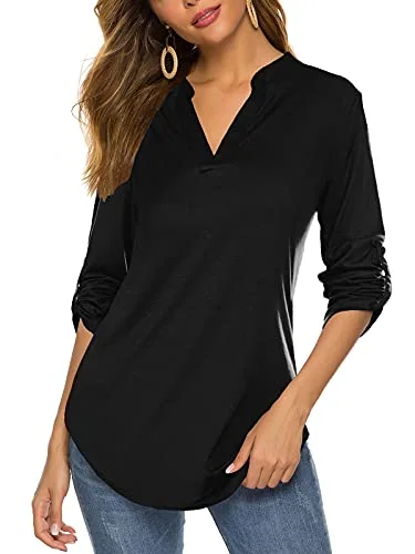 3/4-Sleeve Henley Blouse, Black
