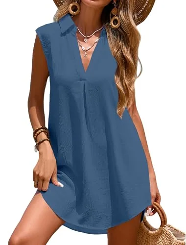 Sleeveless V-Neck Swim Cover-Up, Hazel Blue