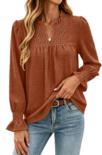 Long-Sleeve V-Neck Blouse, Brick Red