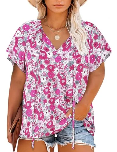 Short-Sleeve V-Neck Top III, Pink Floral