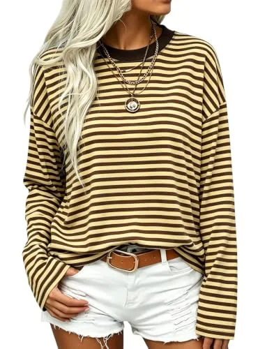 Long-Sleeve Crew Neck Top II, Coffee Yellow Stripe
