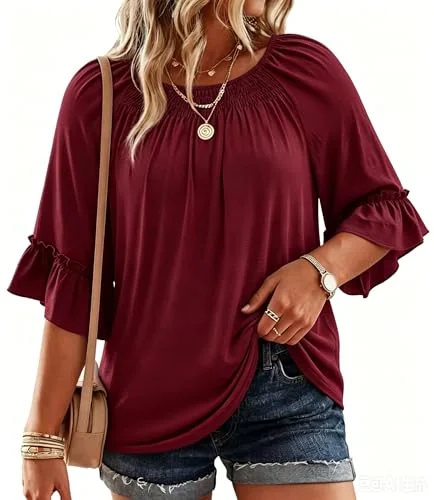 3/4-Sleeve Crew Neck Top V, Wine Red