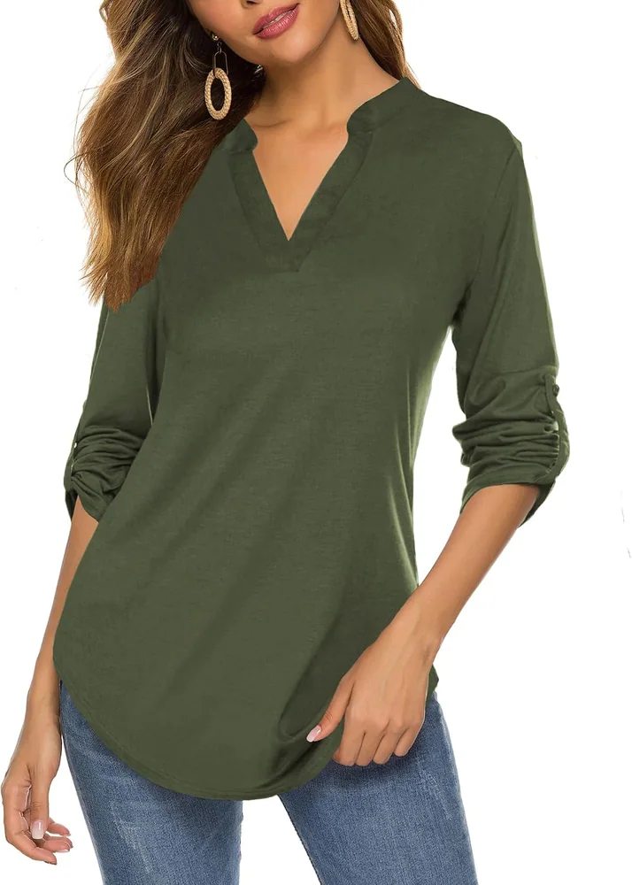 3/4-Sleeve Henley Tunic Top, Army Green