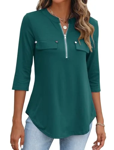 3/4-Sleeve Collar Top, Green