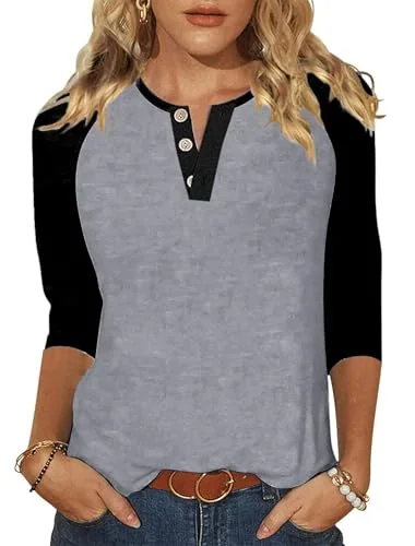 3/4-Sleeve Round Neck Baseball Tee, Grey Black