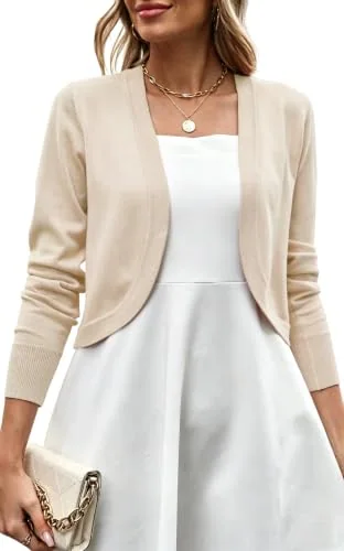 Long-Sleeve Cropped Cardigan, Beige