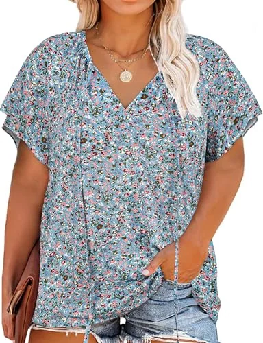 V-Neck Tunic Top, Blue Pink Flower