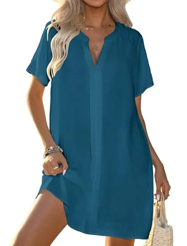 Short-Sleeve V-Neck Swim Cover-Up, Cyan