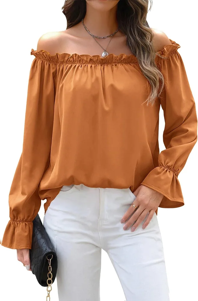 Long-Sleeve Off-the-Shoulder Top, Burnt Orange