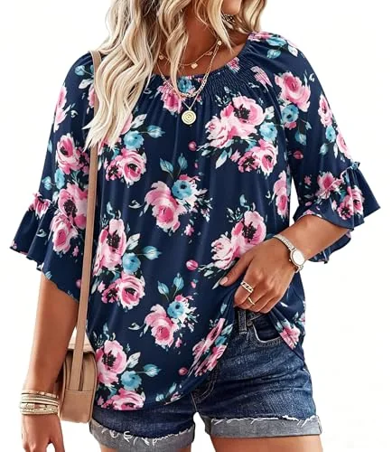 3/4-Sleeve Crew Neck Top II, Navy Blue Floral