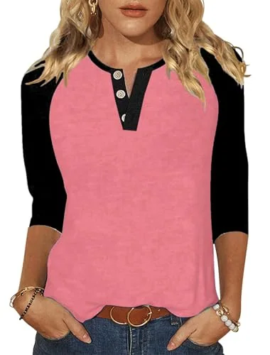 3/4-Sleeve Round Neck Baseball Tee, Black Pink