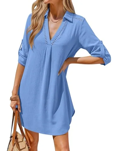 3/4-Sleeve Collar Swim Cover-Up, Water Blue