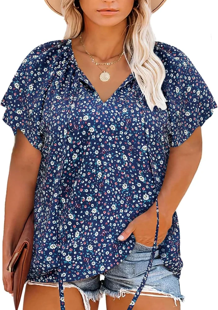 Short-Sleeve V-Neck Tunic Top, Navy Blue Floral