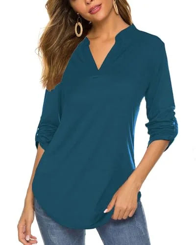 3/4-Sleeve Henley Top, Dark Teal Blue