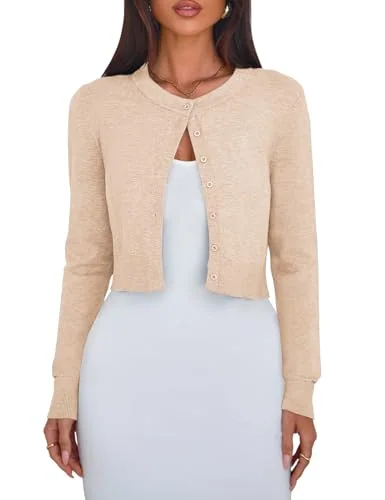 Crew Neck Cropped Cardigan, Camel