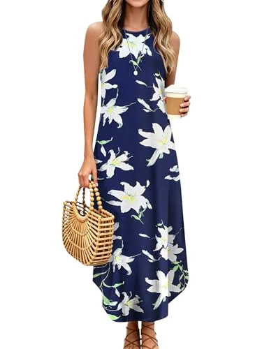 Sleeveless Halter Maxi Dress II, Floral Navy