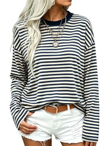 Long-Sleeve Crew Neck Top II, Navy Apricot Stripe
