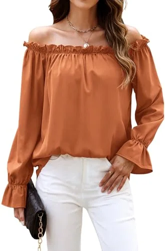 Long-Sleeve Off-the-Shoulder Top, Caramel
