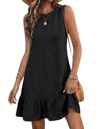 Sleeveless Crew Neck Tank Dress, Black
