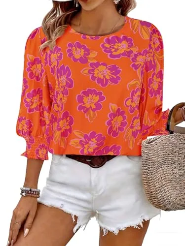 3/4-Sleeve Boat Neck Top II, Orange Purple Flower