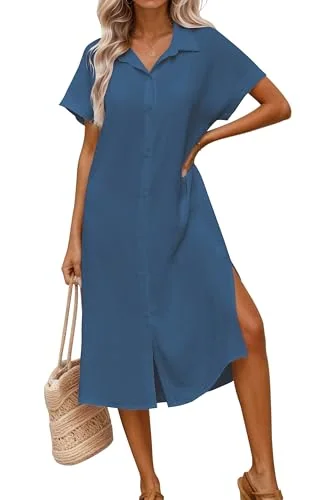 Short-Sleeve Cover-Up Shirt, Haze Blue