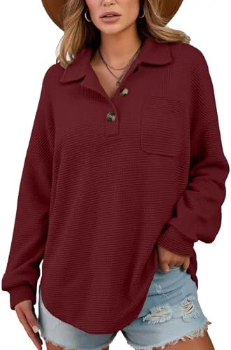 Long-Sleeve Collar Tunic Top, Burgundy