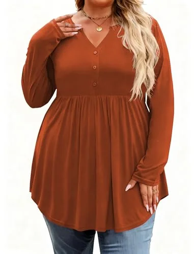 Long-Sleeve Henley Top, Burnt Orange