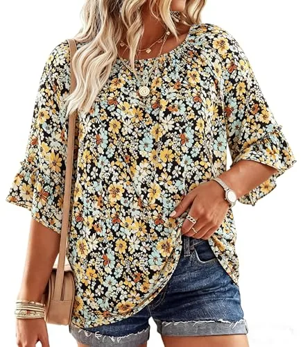 3/4-Sleeve Round Neck Tunic Top II, Orange Floral