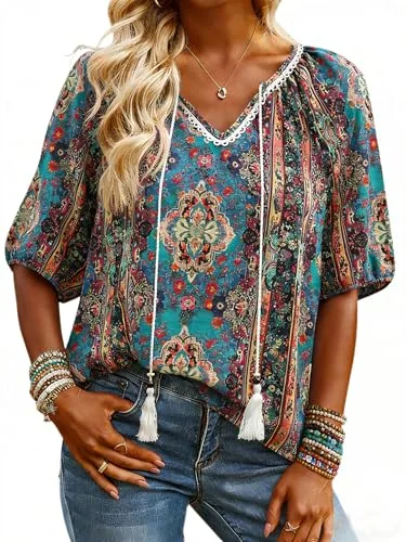 Short-Sleeve V-Neck Blouse, Bohemia Floral
