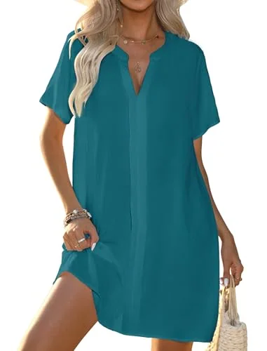 Short-Sleeve V-Neck Cover-Up Shirt, Teal Blue