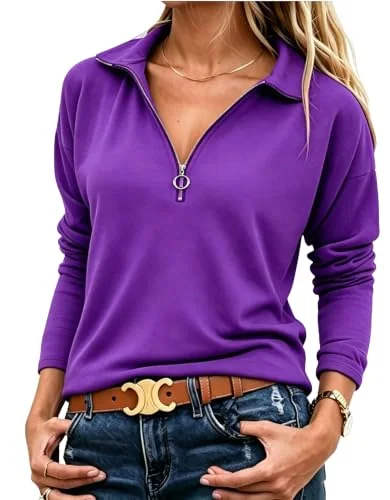 Long-Sleeve Collar Top, Bright Purple