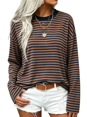 Long-Sleeve Crew Neck Top II, Brown Navy Stripe