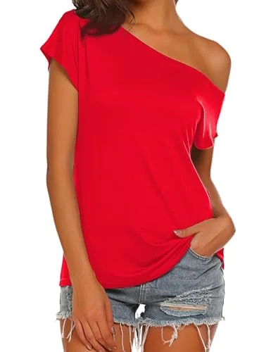 Short-Sleeve Off-the-Shoulder Tee, Red