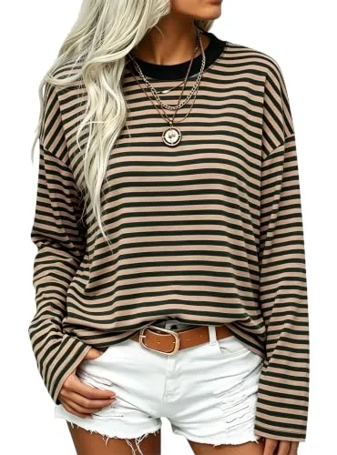 Long-Sleeve Crew Neck Top II, Khaki Black Stripe