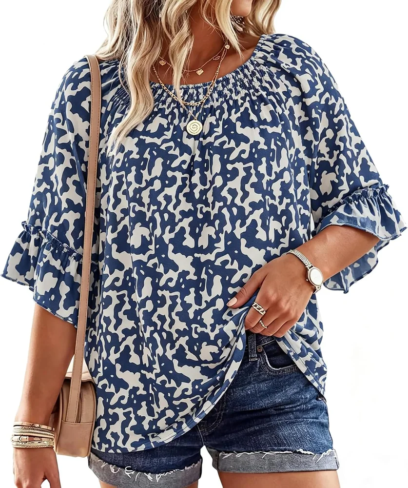 3/4-Sleeve Crew Neck Top II, Navy Blue Apricot Floral