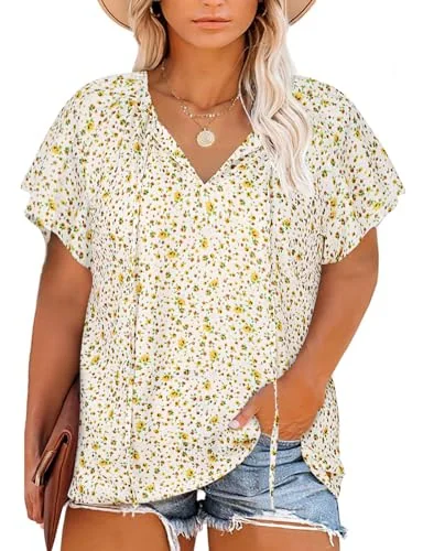 Short-Sleeve V-Neck Top II, White Yellow Floral