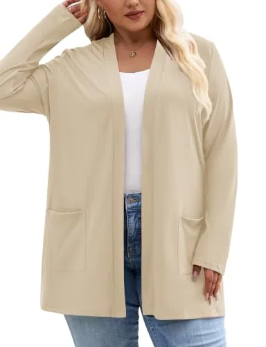 Long-Sleeve Cardigan V, Beige