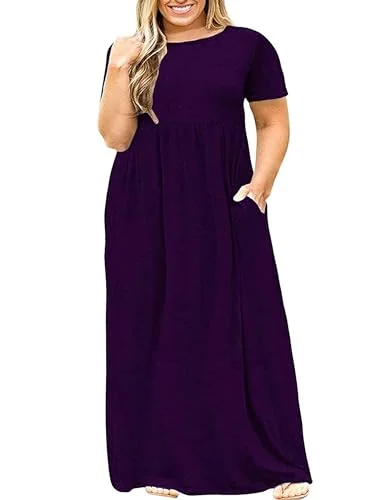 Short-Sleeve Round Neck Maxi Dress, Purple