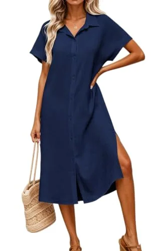 Short-Sleeve Collar Swim Cover-Up, Navy Blue
