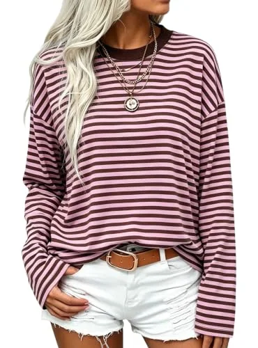 Long-Sleeve Crew Neck Top II, Pink Brown Stripe