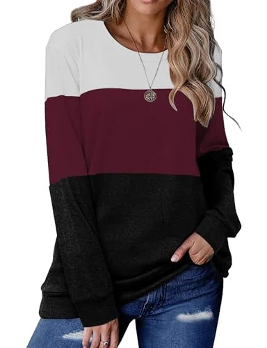 Long-Sleeve Crew Neck Tunic Top, White Burgundy