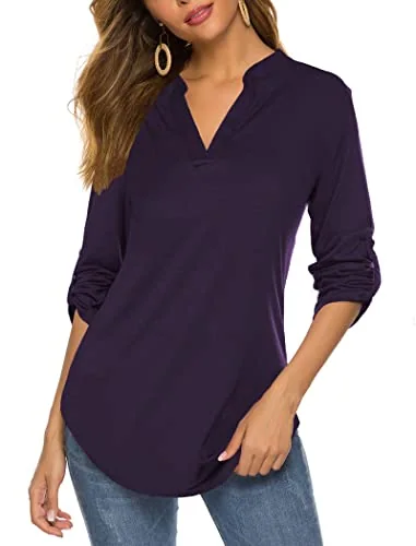 3/4-Sleeve Henley Tunic Top, Dark Purple