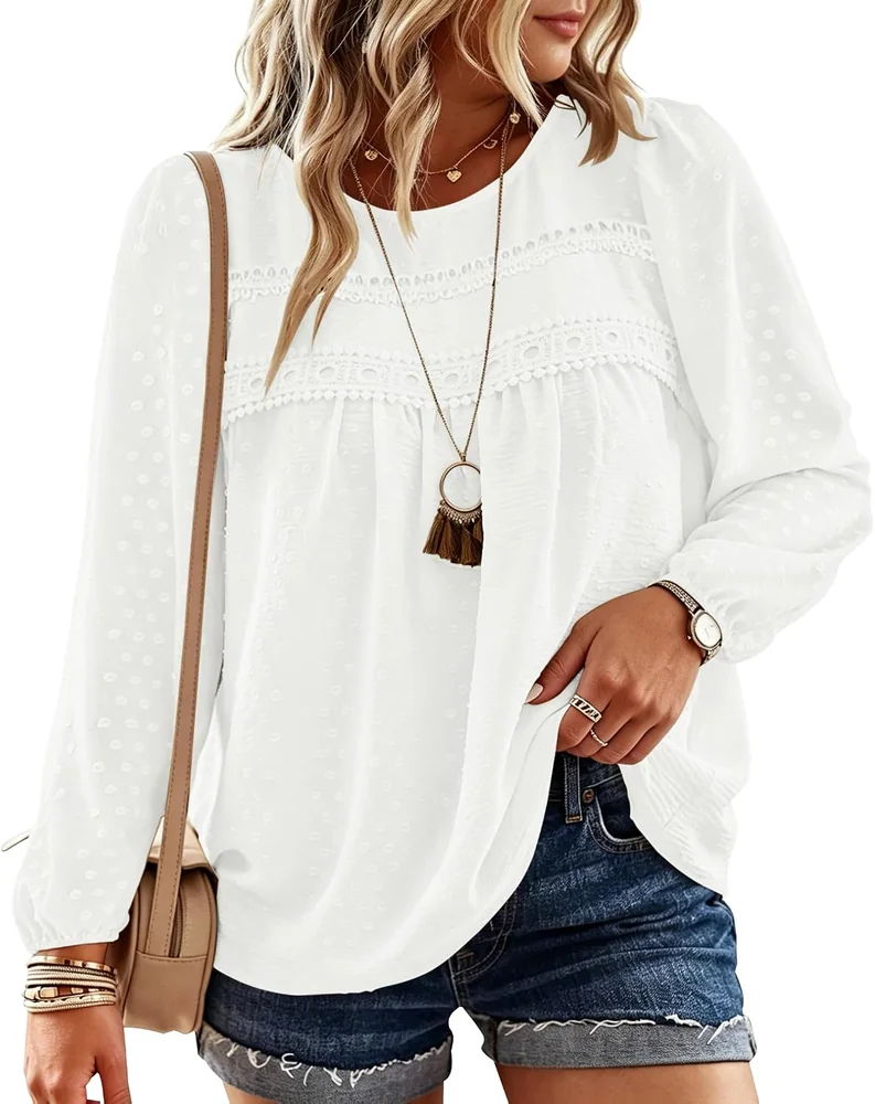 Long-Sleeve Round Neck Top, White