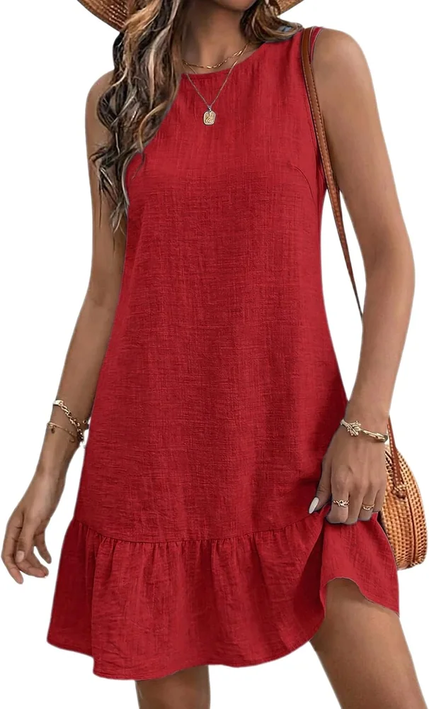 Sleeveless Crew Neck Mini Dress, Red