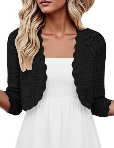 3/4-Sleeve Cropped Cardigan, Black