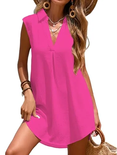 Sleeveless V-Neck Swim Cover-Up, Hot Pink