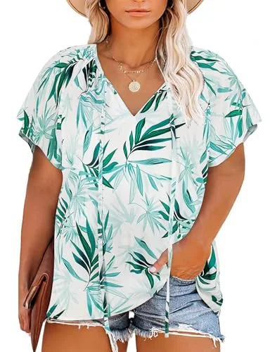 V-Neck Blouse, White Green Leaf
