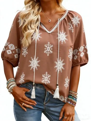 Short-Sleeve V-Neck Blouse, Brown Floral