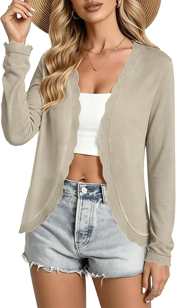 Long-Sleeve V-Neck Cardigan, Khaki