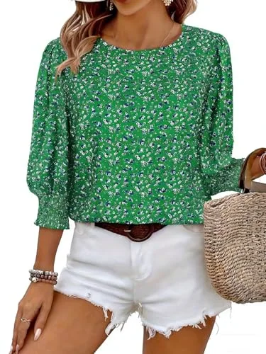 3/4-Sleeve Crew Neck Blouse, Green